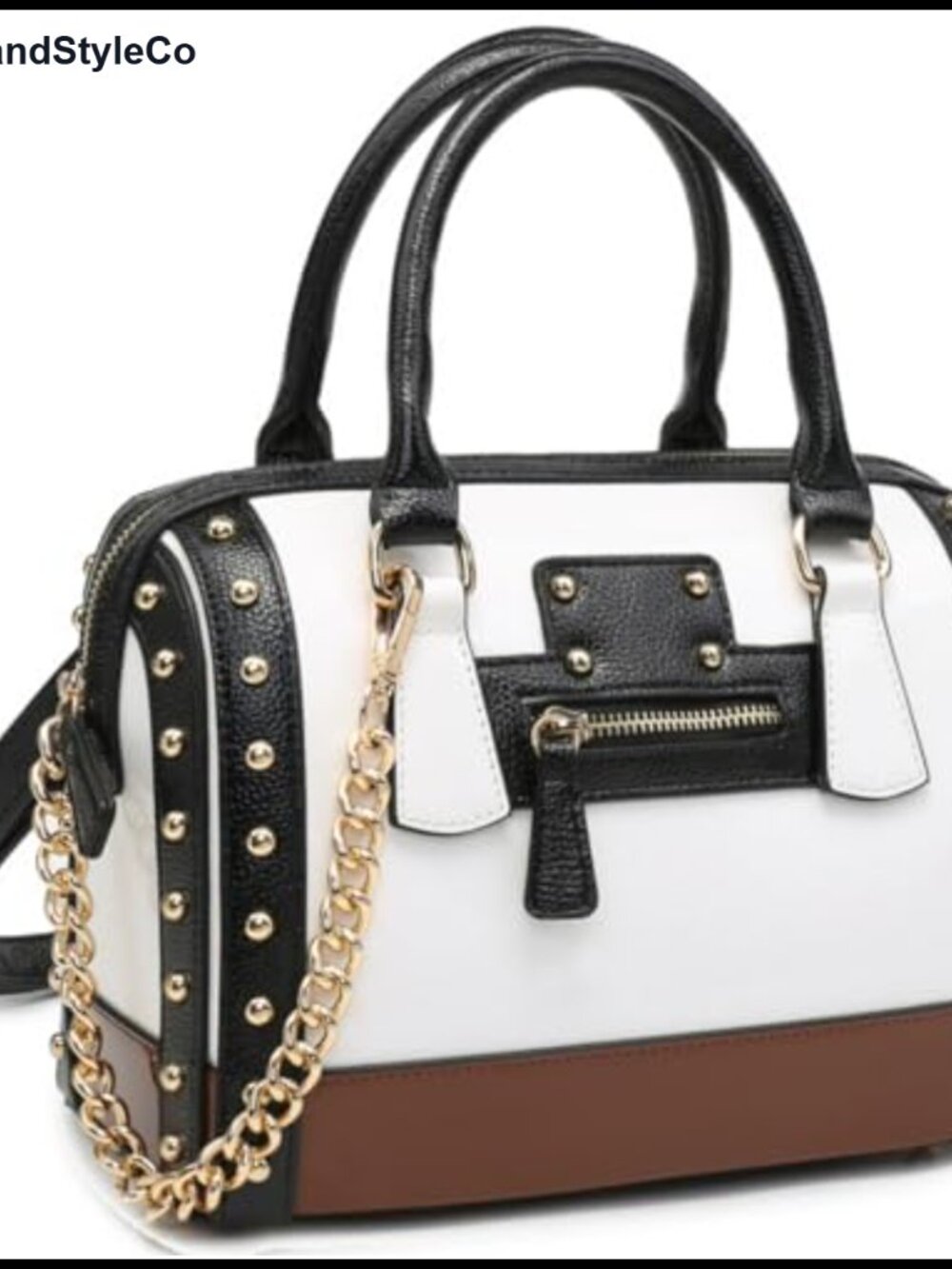 Women's Barrel Shaped Patent Faux Leather Handbag with Rivet Trim Top Handle